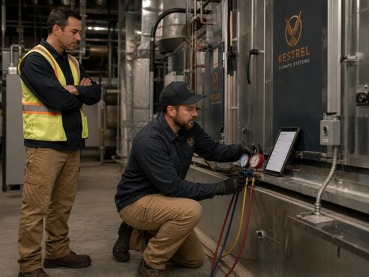 A technician kneeling at a commercial unit with gauges connected, the building operator observing in the plant room
