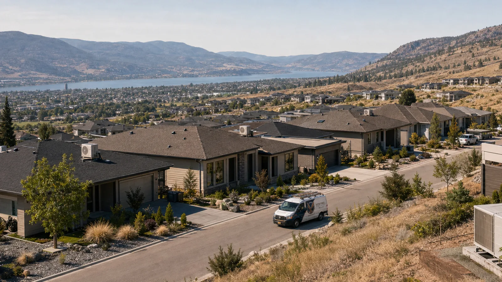 A hillside Kelowna street of homes with air conditioning condensers, Okanagan Lake beyond, a company van on the road