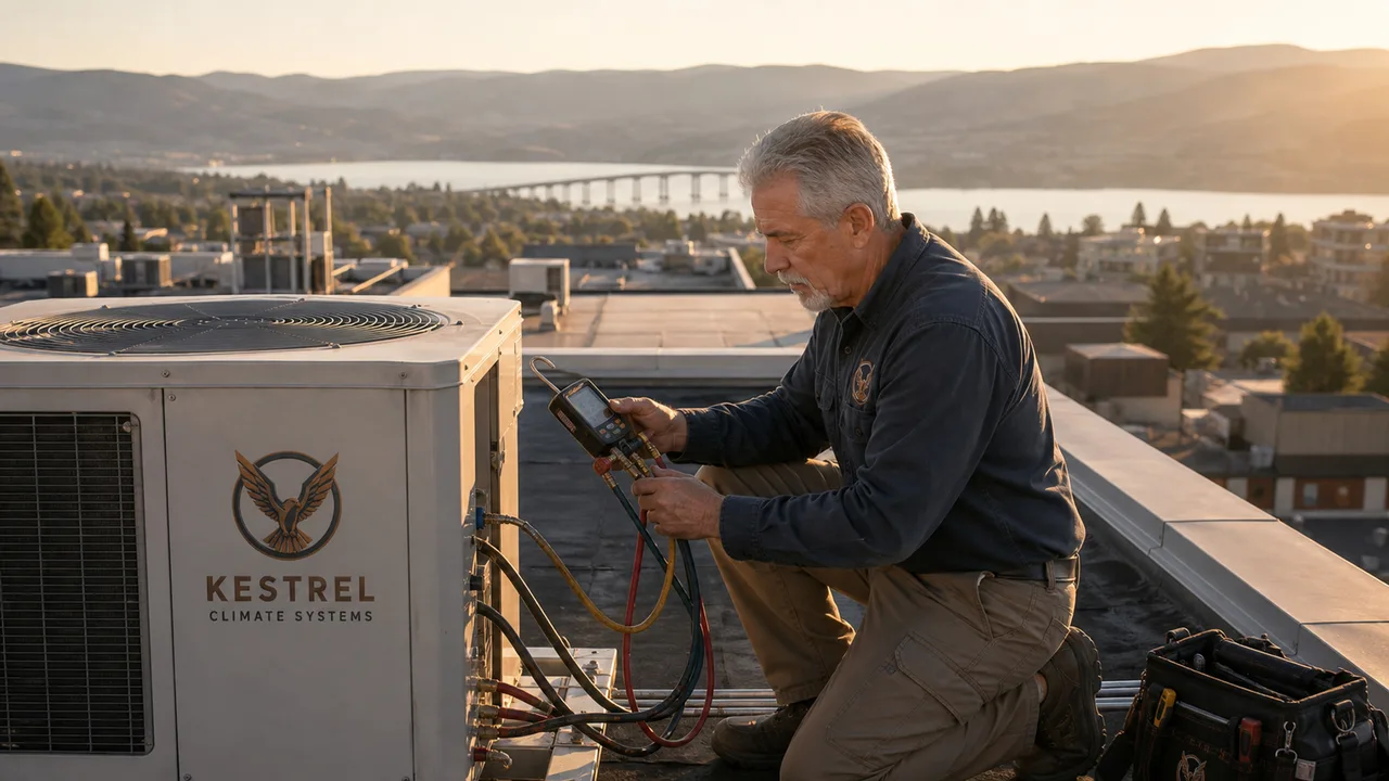 A senior technician servicing a rooftop unit above Okanagan Lake at golden hour