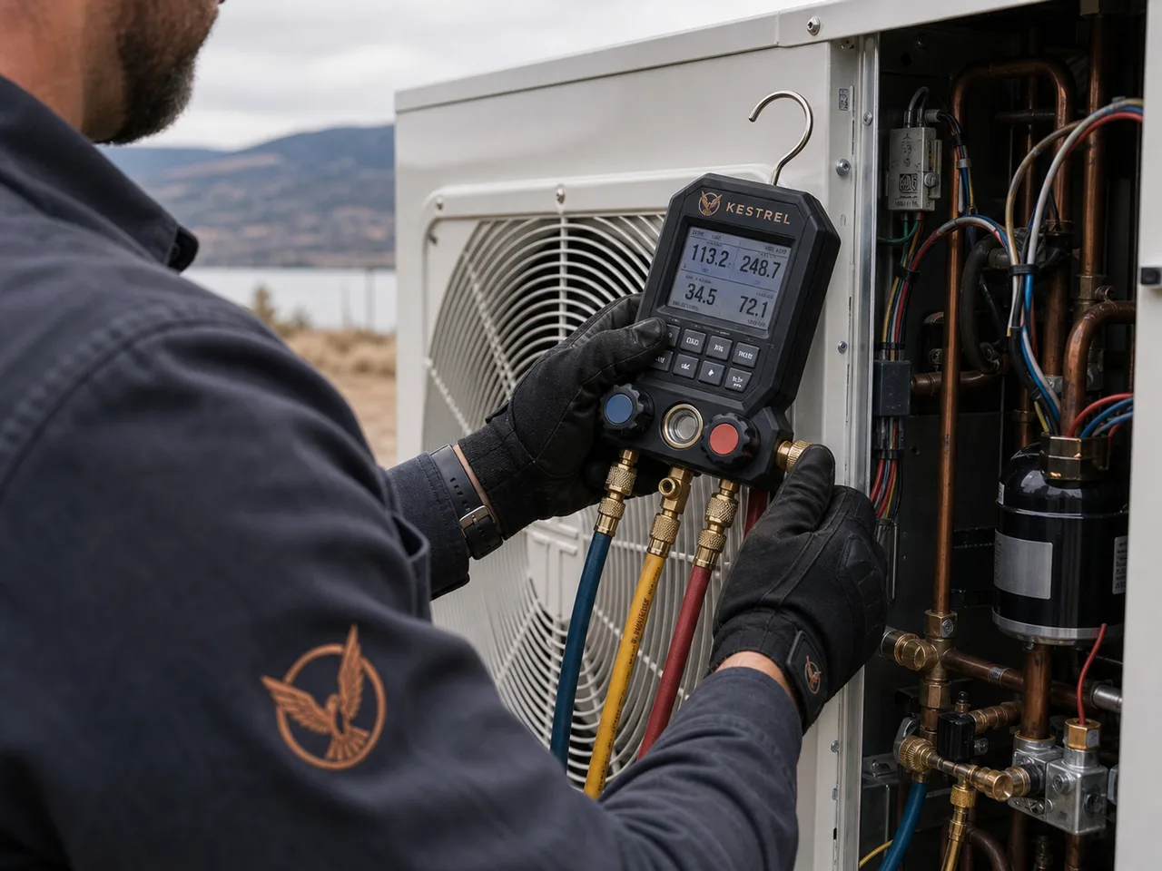 Gloved hands commissioning a heat pump with a digital manifold connected