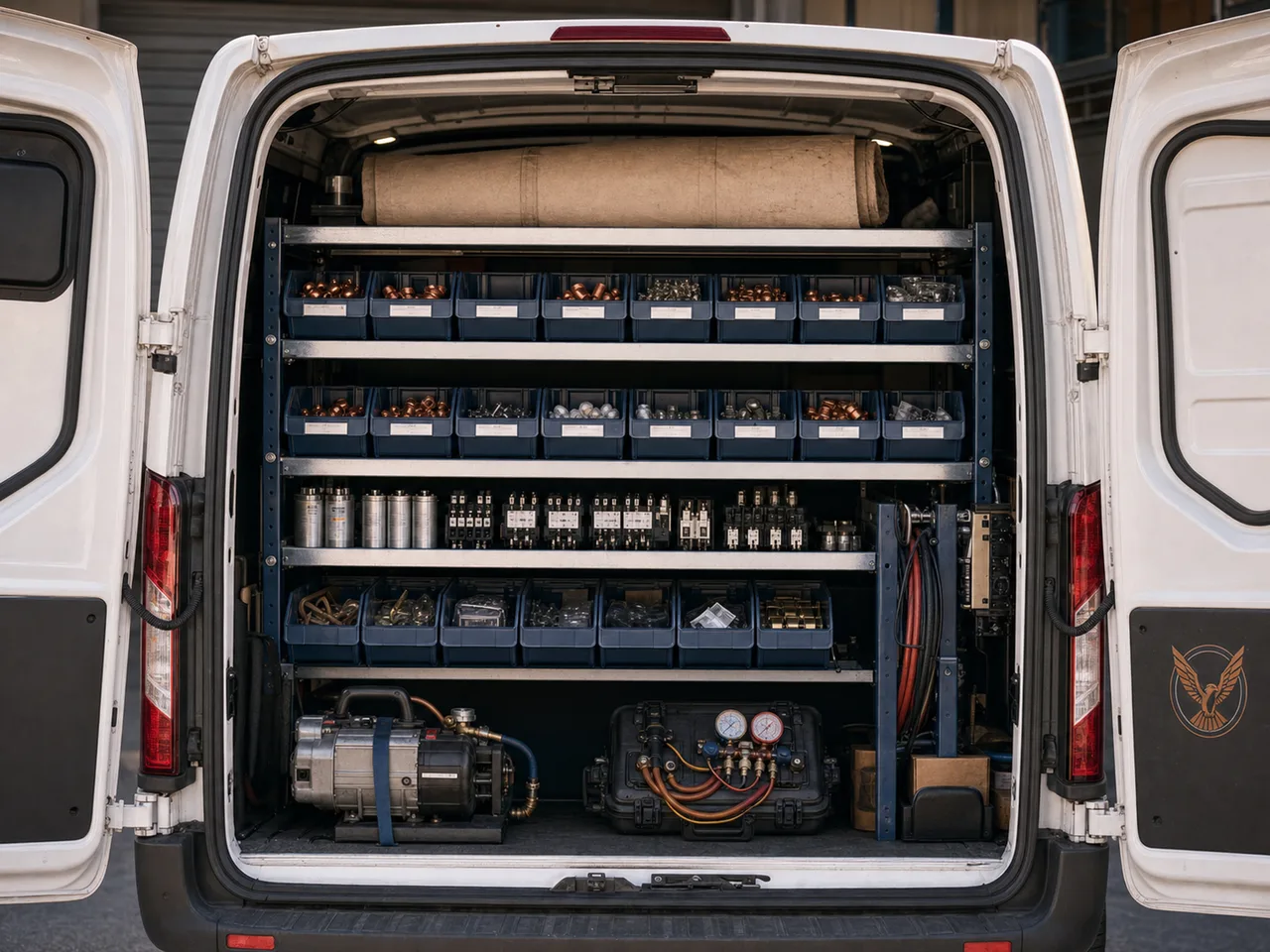 Rear doors of a service van open, labelled parts bins in rows