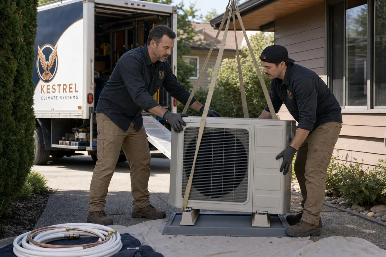 The installation lead and a technician setting an air conditioning unit onto its pad, box truck with ramp behind