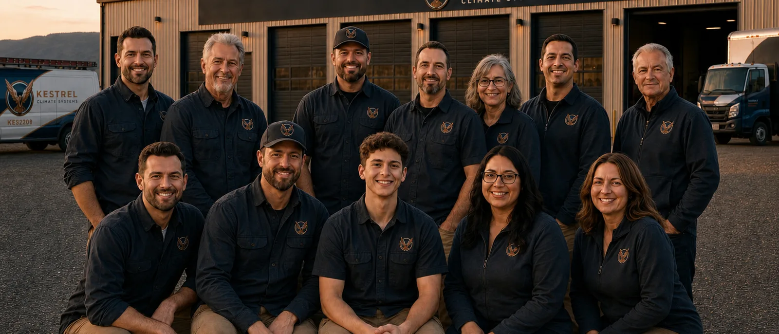 The full team of twelve in front of an open bay at soft evening light
