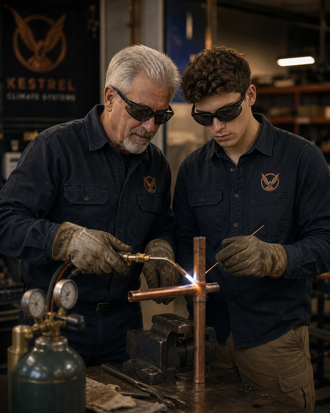 The senior technician guiding the apprentice's torch angle at a shop bench