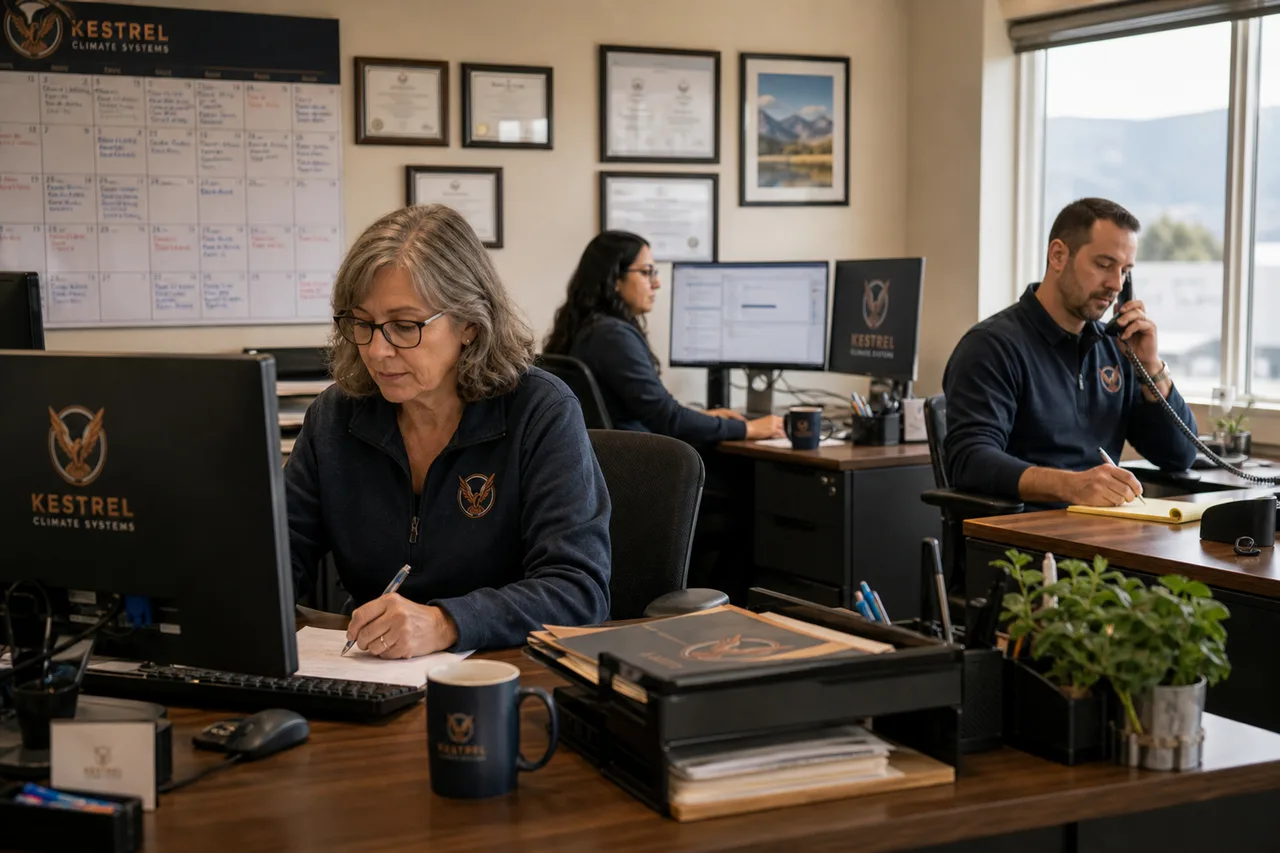The office mid morning: office manager and dispatcher at their desks, comfort advisor on a call
