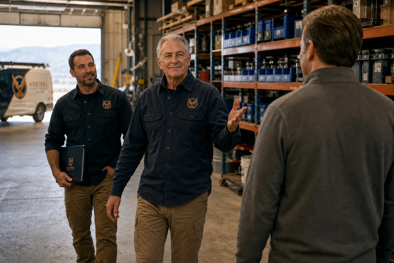 The owner walking the parts aisle with the service manager, welcoming a visitor
